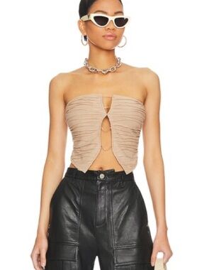 Superdown Strapless Ruched Cutout Crop Top in Taupe